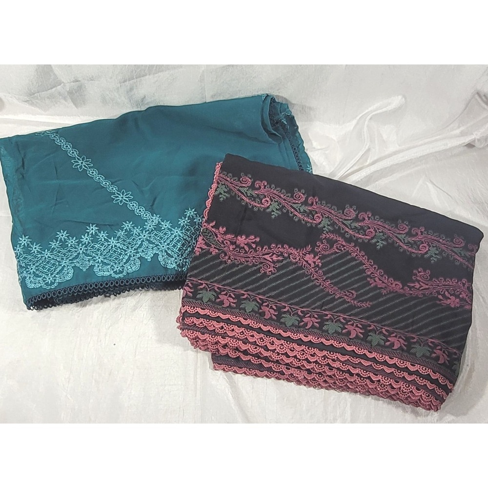 2 Cotton & Chiffon Embroidered Dupatta‎ Scarves - Pink/Black & Teal Green